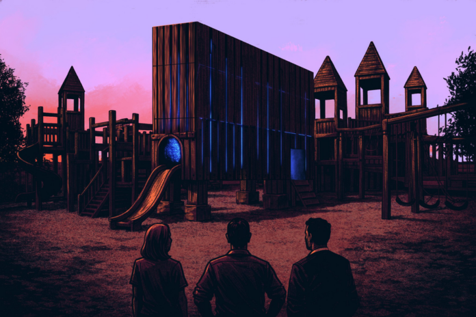 Three people stand looking at a dark wooden playground with slides and towers, illuminated faintly under a purple and orange sunset sky.