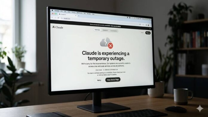 Claude AI chatbot outage screen showing error accessing chat and code services across platforms