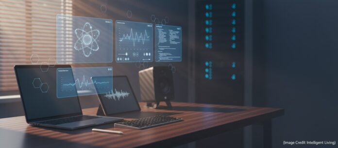 Cinematic workstation scene where a chat-style interface displays a manipulable 3D simulation, a live chart, a music waveform, and code, representing an AI productivity workstation.