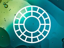 A white circular grid icon with evenly spaced segments is centered on a blue-green abstract background featuring bubbles and organic shapes.